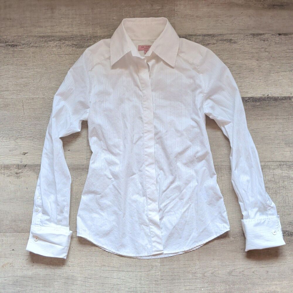 ​Ted Baker London Women's White 100% Cotton Long Sleeve Button Down Shirt Size 1